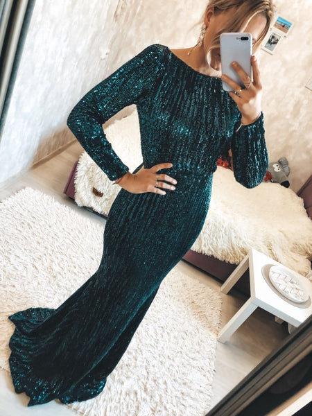 Elegant O Neck Long Sleeve Sequin Maxi Dress Floor Length Stretchy Bodycon Party Dress Gold Green Burgundy Red ZopiStyle