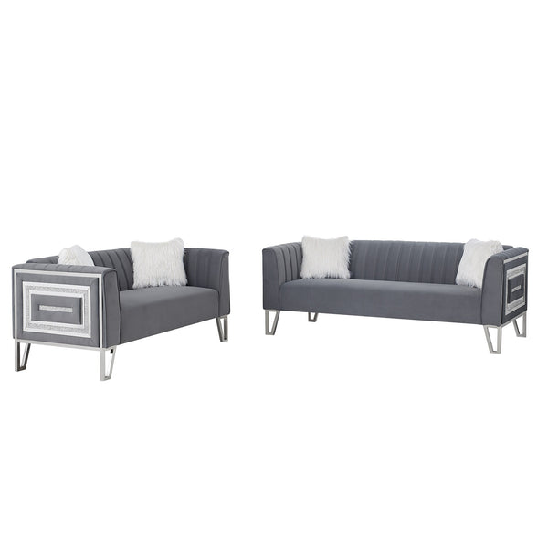 3 Piece Living Room velvet Sofa Set, with Six Pillow and mirrored side trim with faux diamonds and stainless steel legs, , Grey ZopiStyle