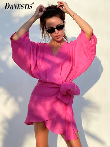 Summer Dress 2023 Fashion Hot Pink Loose Casual V-Neck Short Dress Women Holiday Sundress Breathable Cotton Linen Beach Dresses