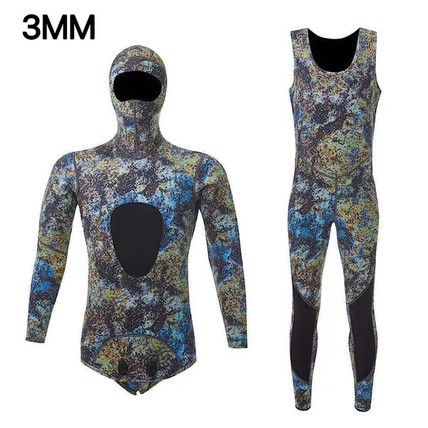 HOT 3mm Camouflage Wetsuit Long Sleeve Fission Hooded 2 Pieces Of Neoprene Submersible  For Men Keep Warm Waterproof Diving Suit ZopiStyle