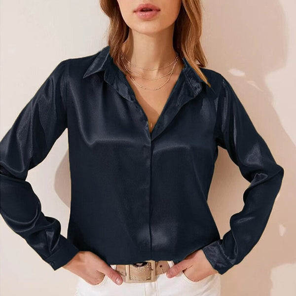 Spring Long Sleeve Button Shirts for Women Summer Solid V-neck Soft Satin Loose T-shirt Blouse Ladies&#39; Work Casual Shirt Top ZopiStyle