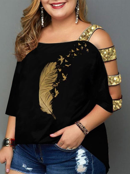 Plus Size Tops Woman 2023 Summer Female Sequined Hole Sleeve Butterfly Print Chic Elegant Tee Shirt Loose Big Size Blouse ZopiStyle