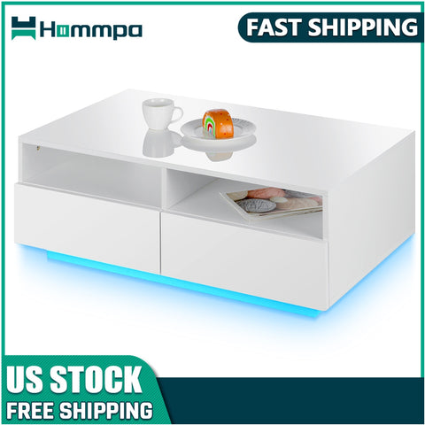 Hommpa LED Coffee Table High Golss Modern Table with Storage Center Table with 4 Drawer and Open Shelves for Living Room ZopiStyle