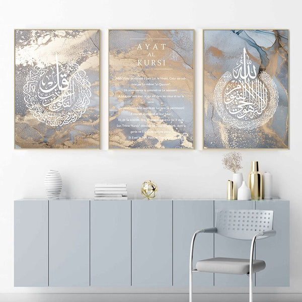 Modern Ayatul Kursi Quran Gold Blue Marble Islamic Calligraphy Posters Canvas Painting Wall Art Print Pictures Living Room Decor ZopiStyle