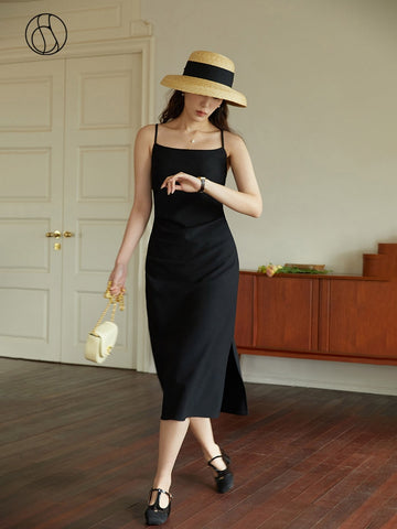 DUSHU Women Long Black Slip Dress Slit Design Elegant Square Neck Slip Dress Adjustable Strap Spring Women Solid Dress