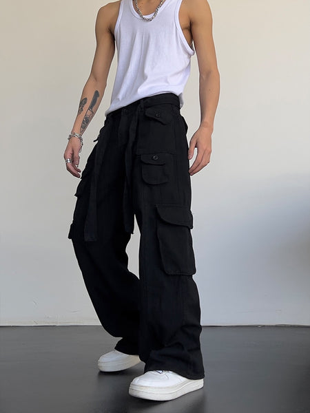 High street retro casual large pocket overalls men&#39;s and women&#39;s new summer high waist loose straight tube draped wide leg pants ZopiStyle