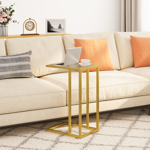 HOOBRO C Shaped End Table Tempered Glass Snack Side Table With Metal Frame TV Tray Table For Small Space Sofa Couch And Bed Gold ZopiStyle