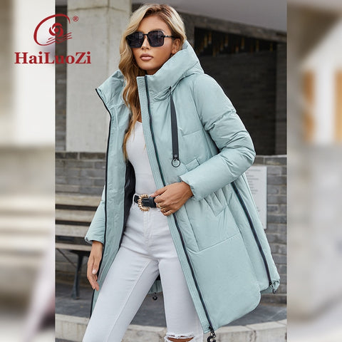 HaiLuoZi New Women Coat Long Thick Fashion Side Zipper Women&#39;s Winter Jacket Hood High-quality Bio-cotton Mid- length Parka 6028 ZopiStyle