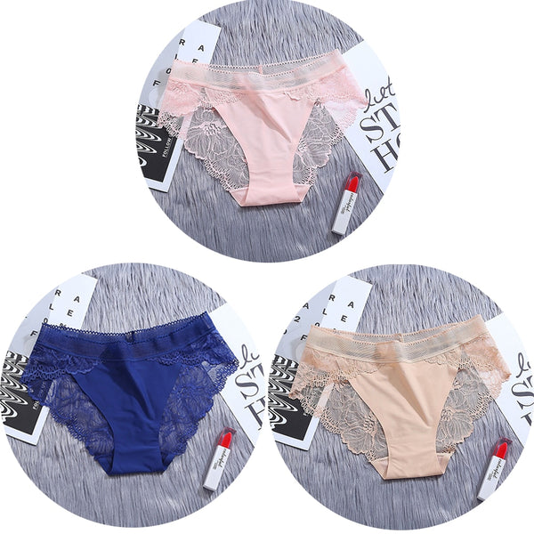 3Pcs/Lot Lace Women&#39;s Panties Sets Ice Silk Seamless Underwear Female Transparent  Briefs Mid-Rise Lady Panty Woman Lingerie ZopiStyle