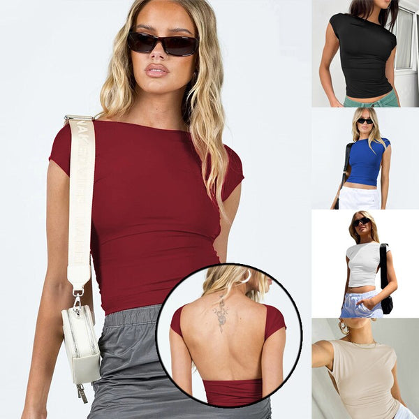 Solid Color Y2K Short Sleeve Backless Crop Top Women&#39;s Versatile Sexy Open Back Skinny Basic T Shirt Summer Slim Pullovers Tees ZopiStyle