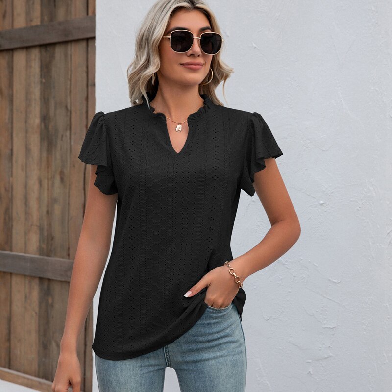 Women&#39;s Summer Short-sleeved T-shirt Fashion V-neck Hollow Lotus Leaf Sleeve Casual Loose Short-sleeved Blouse S-2XL ZopiStyle