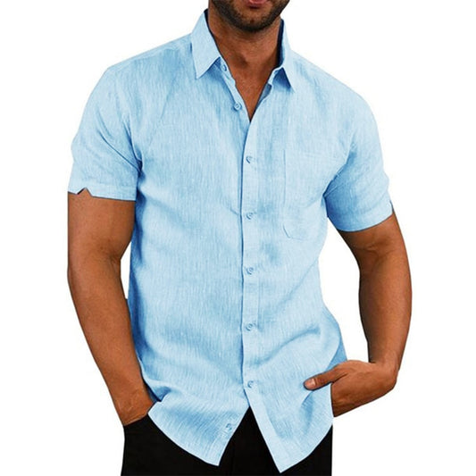 Cotton Linen Hot Sale Men&#39;s Short-Sleeved Shirts Summer Solid Color Turn-down collar Casual Beach Style Plus Size ZopiStyle