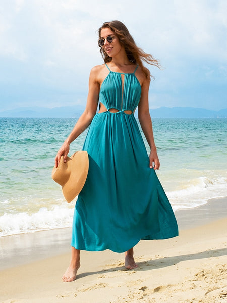 MISS PETAL Green Leafy Cutout Maxi Dress For Woman Sexy Cut Out Open Back Summer Holiday Long Dress 2023 New Beach Sundress ZopiStyle
