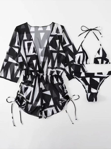 3 Pieces Bikini Tropical Print Swimsuit Halter Drawstring Side Swimwear Women 2023 Bathing Suit Female Swimming Summer Beachwear