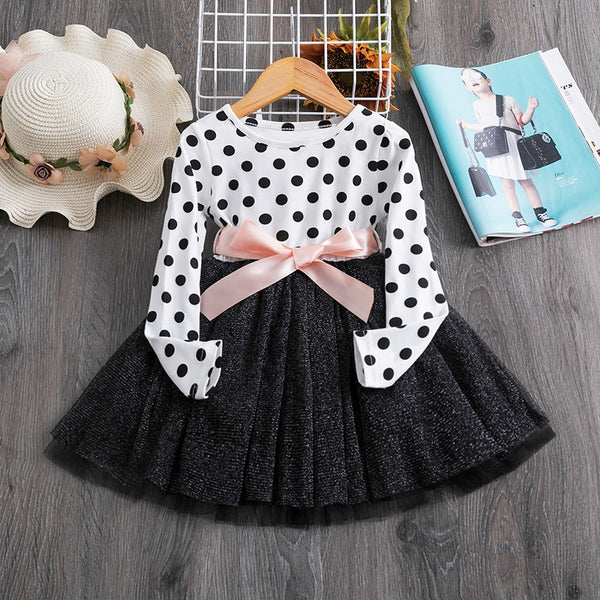 Polka Dot Long Sleeve Tulle Kids Princess Dresses for Girls Spring Autumn Wedding Birthday Party Vestido Children Casual Clothes ZopiStyle