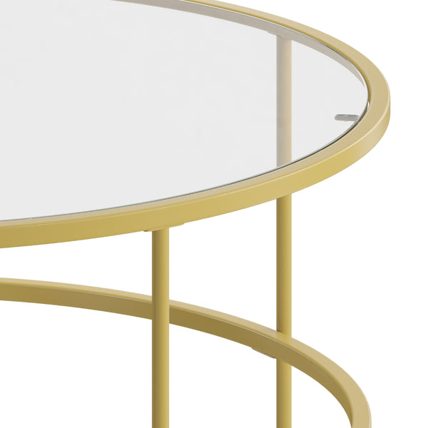BOUSSAC Astoria Collection Round Coffee Table - Modern Clear Glass Coffee Table with Brushed Gold Frame ZopiStyle