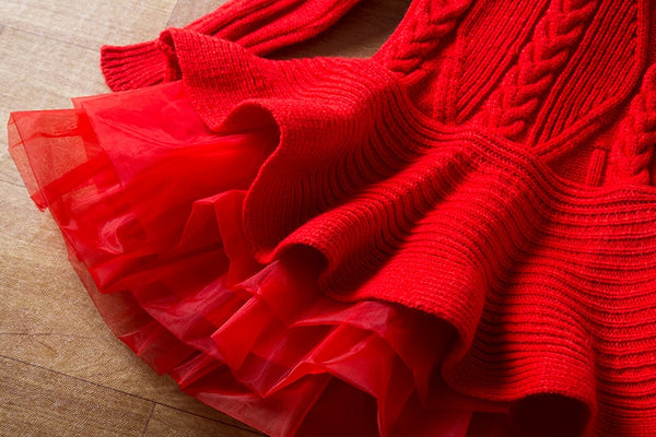 Girls Long Sleeve Knitting Dresses Autumn/Winter Warm Birthday Party Ruffle Princess Costume Kids Red Christmas Disfraz Vestido ZopiStyle