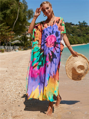 39 colors  Multicolored Kaftan Bohemian Printed V-neck Batwing Sleeve Street Wear Maxi Dress Women Beach Wear Swim Suit Cover Up