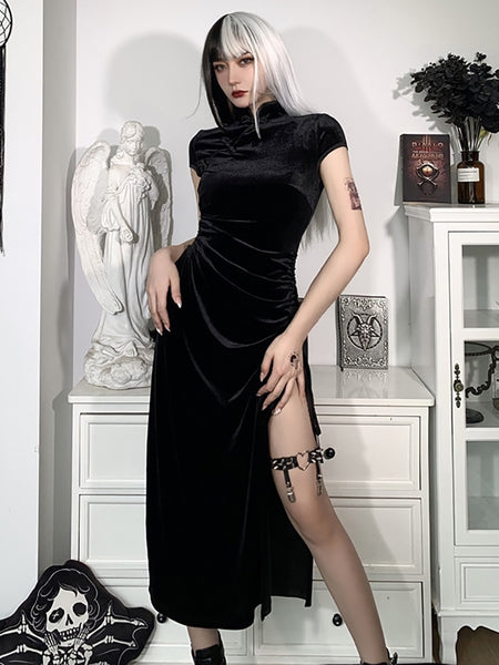 Goth Dark Romantic Gothic Velvet Aesthetic Dresses Vintage Women Black Bandage SlitHem Bodycon Dress Sexy Evening Wear Cheongsam ZopiStyle