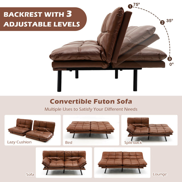 Convertible Futon Sofa Bed Memory Foam Couch Sleeper w/ Adjustable Armrest Brown ZopiStyle