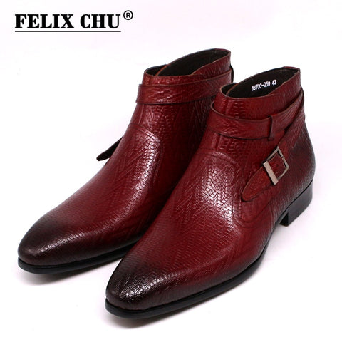 Handmade Men Ankle Boots Felix Chu Genuine Leather Mens Motorcycle Boots Black Red Buckle Strap High Top Dress Shoes for Men
