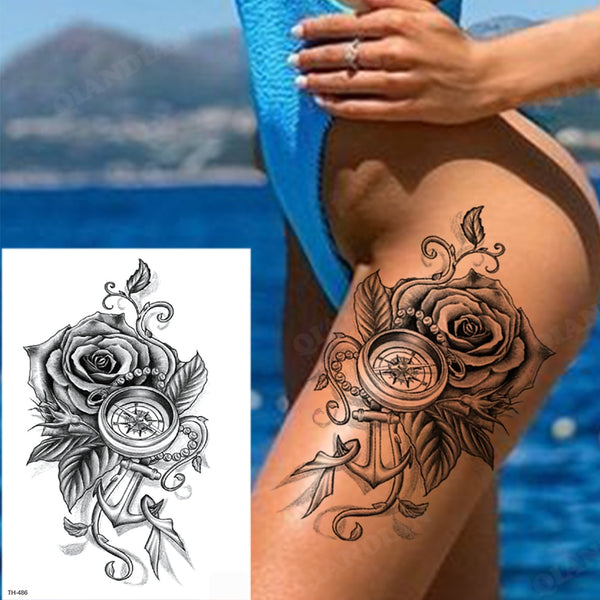 Black Flower Rose Waterproof Temporary Bird Snake Sexy Body Arm Leg Gem Henna Tattoo Fashion Big Fake Sleeve Sticker ZopiStyle