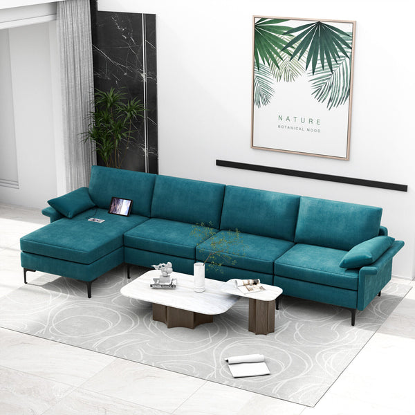 Costway Modern Modular L-shaped Sectional Sofa w/ Reversible Chaise &amp; 4 USB Ports Blue ZopiStyle