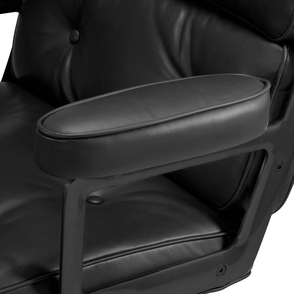 Black Classic Padded Mid-Back Office Chair Genuine Leather with Armrest Big Lobby Desk Gaming Chair for Living Room and Office ZopiStyle