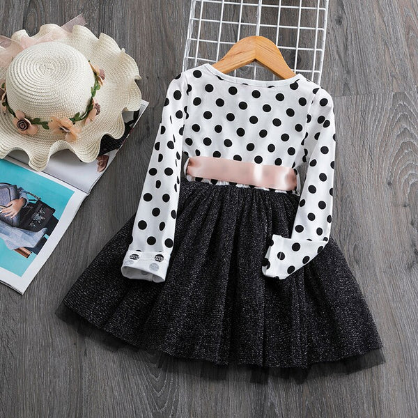 Polka Dot Long Sleeve Tulle Kids Princess Dresses for Girls Spring Autumn Wedding Birthday Party Vestido Children Casual Clothes ZopiStyle