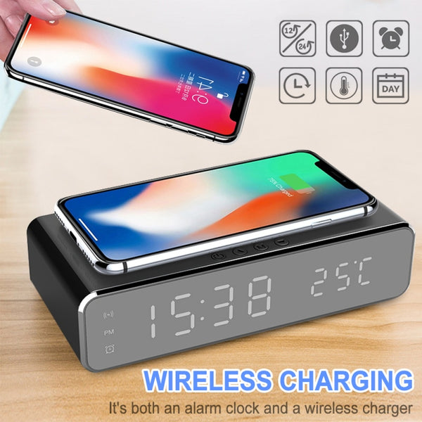 LED Electric Alarm Clock Digital Thermometer Clock HD Mirror Clock with Phone Wireless Charger Date FM Radio Bluetooth Speaker ZopiStyle