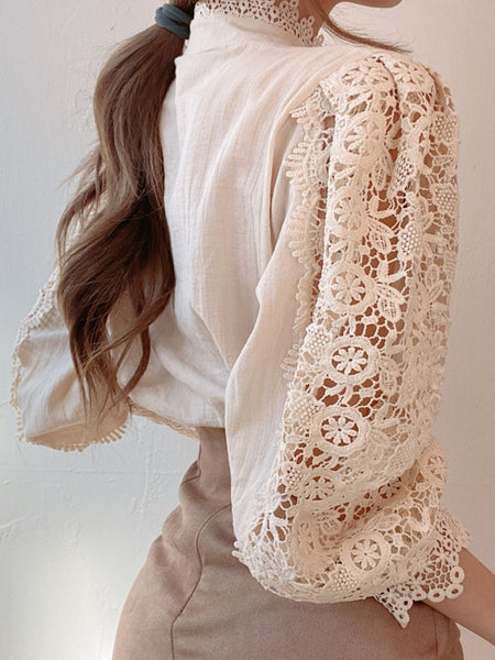 Petal Sleeve Stand Collar Hollow Out Flower Lace Patchwork Shirt Femme Blusas All-match Women Lace Blouse Button White Top 12419 ZopiStyle