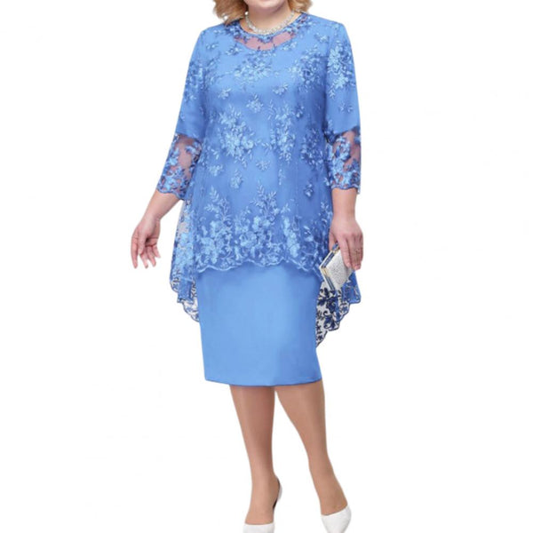 2022 New O-neck High-Waist Plus Size Midi Dress M-5XL Elegant  Embroidery Lace 3/4 Sleeve Lady Evening Dress Female Clothing ZopiStyle