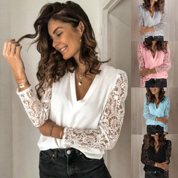 Ladies Lace Patchwork T-shirts Spring Women V-neck Elegant Blouse Top Street Casual Loose Long Sleeve Clothing ZopiStyle