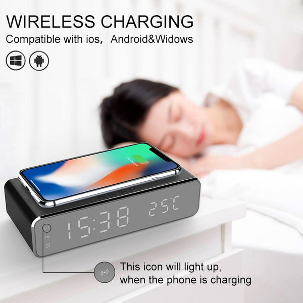 LED Electric Alarm Clock Digital Thermometer Clock HD Mirror Clock with Phone Wireless Charger Date FM Radio Bluetooth Speaker ZopiStyle
