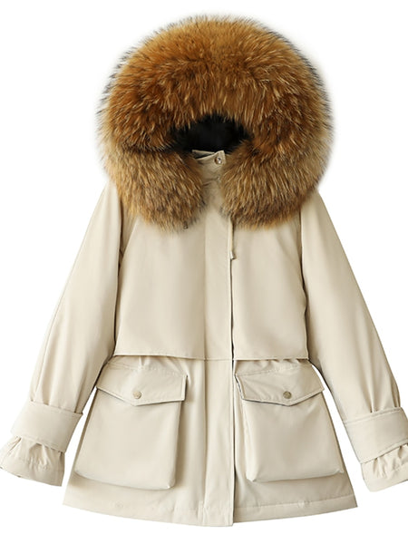 Fitaylor Winter Jacket Women Large Natural Fox Fur White Duck Down Coat Thick Parkas Warm Sash Tie Up Zipper Down Snow Outerwear ZopiStyle