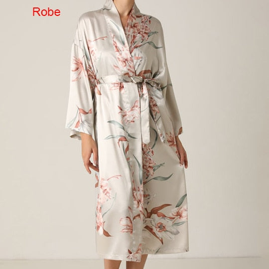Print Flower Nighty&amp;Robe Suit Sleepwear Sexy Satin Kimono Gown Women Bathrobe Intimate Lingerie Nightwear Silky Nightgown ZopiStyle