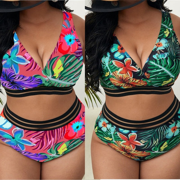 Plus Size Swimsuit Leaves Printed High Waist Two Pieces Bikini Set Swimsuit Female Women Beachwear Swimwear Bather Bathing Suit