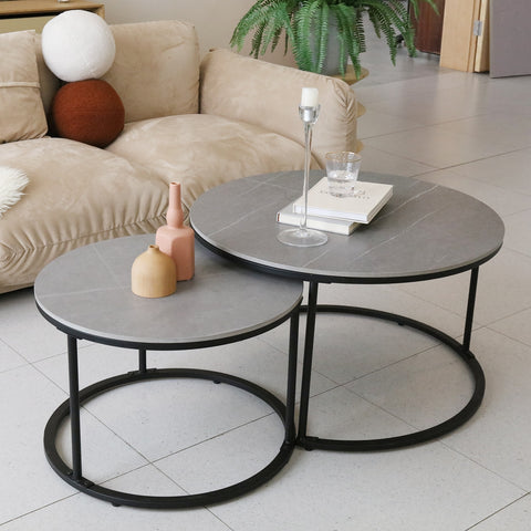 Modern Nesting Round Grey Marble Top Coffee Table Set Sintered Stone Table Metal Legs Home Furniture ZopiStyle