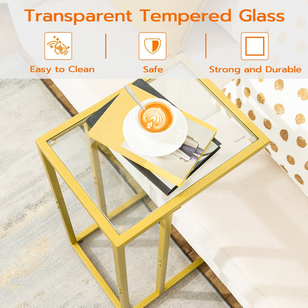 HOOBRO C Shaped End Table Tempered Glass Snack Side Table With Metal Frame TV Tray Table For Small Space Sofa Couch And Bed Gold ZopiStyle