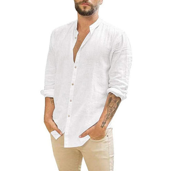Cotton Linen Hot Sale Men&#39;s Long-Sleeved Shirts Summer Solid Color  Stand-Up Collar Casual Beach Style Plus Size ZopiStyle