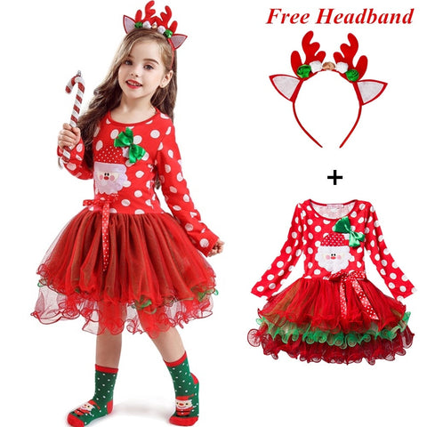 Baby Girls Polka-dot Christmas Dresses Santa Claus Long Sleeve Winter Red Xmas Party Princess Dress Cute Kids Prom Gown ZopiStyle