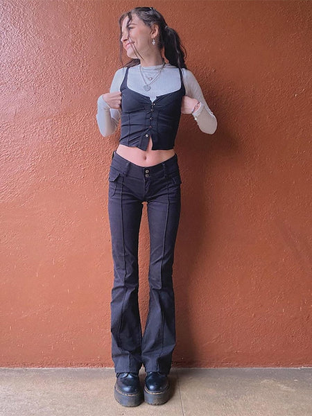 ALLNeon Indie Aesthetics Slim Low Waist Flare Pants E-girl Vintage Pockets Solid Y2K Pants Autumn 90s Fashion Black Trousers ZopiStyle