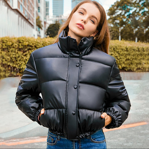 Winter Warm Thick PU Leather Coats Women Short Parkas Fashion Black Cotton Padded Lady Down Jacket Elegant Zipper Clothes 2022 ZopiStyle