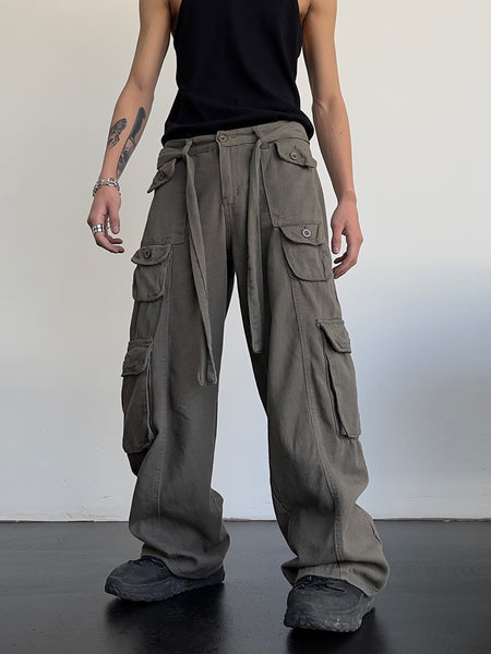 High street retro casual large pocket overalls men&#39;s and women&#39;s new summer high waist loose straight tube draped wide leg pants ZopiStyle