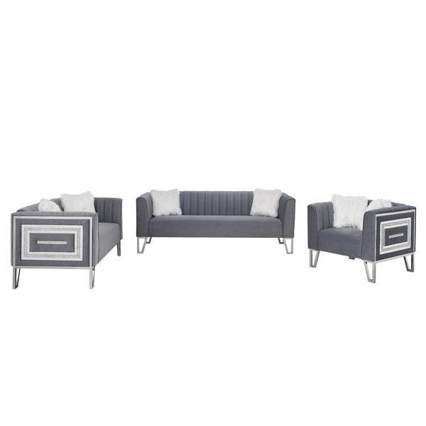 3 Piece Living Room velvet Sofa Set, with Six Pillow and mirrored side trim with faux diamonds and stainless steel legs, , Grey ZopiStyle