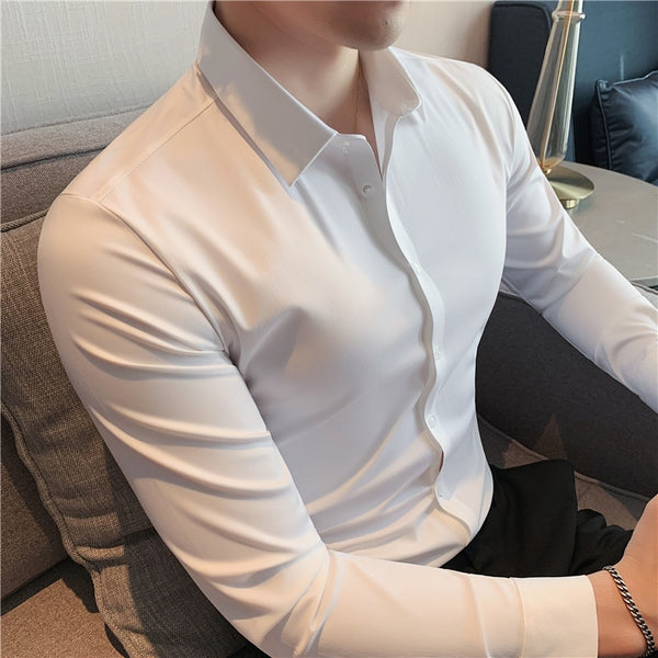 Plus Size 4XL-M High Elasticity Seamless Shirts Men Long Sleeve Top Quality Slim Casual Luxury Shirt Social Formal Dress Shirts ZopiStyle