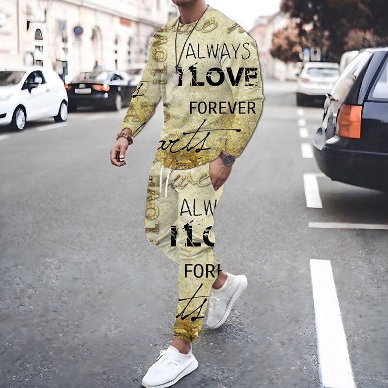 Fall New Men&#39;s Long Sleeve T Shirt Set Full Body Letter 3D Print Oversized Street Fashion Fitness Sportswear ZopiStyle