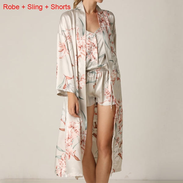 Print Flower Nighty&amp;Robe Suit Sleepwear Sexy Satin Kimono Gown Women Bathrobe Intimate Lingerie Nightwear Silky Nightgown ZopiStyle