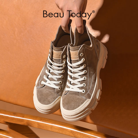 BeauToday Casual Sneakers Women Suede Leather Round Toe Lace-Free High Top Ladies Retro Fashion Flat Shoes Handmade 29575 ZopiStyle