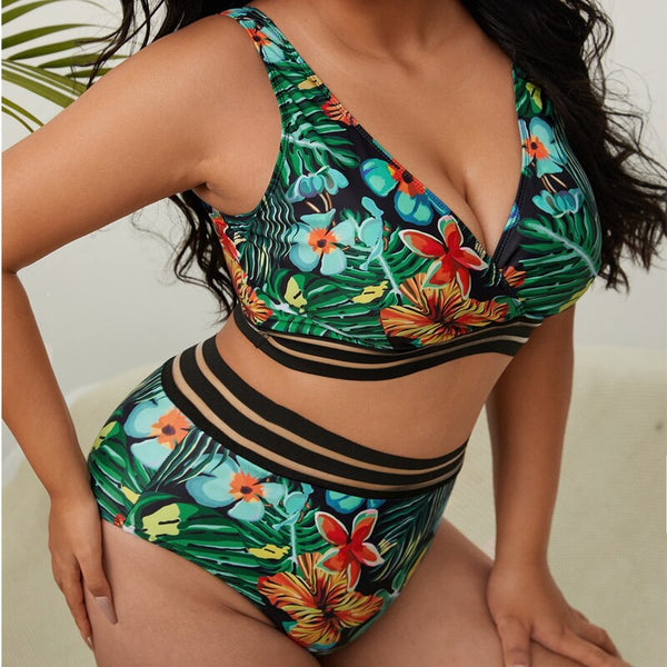 Plus Size Swimsuit Leaves Printed High Waist Two Pieces Bikini Set Swimsuit Female Women Beachwear Swimwear Bather Bathing Suit